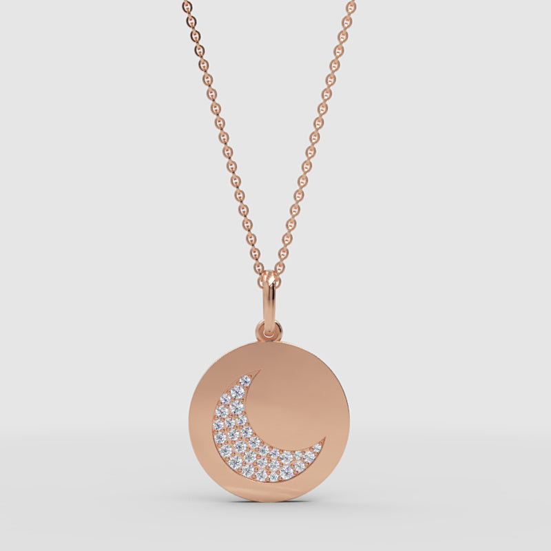Pav Crescent Moon Disc Pendant Necklace - Three