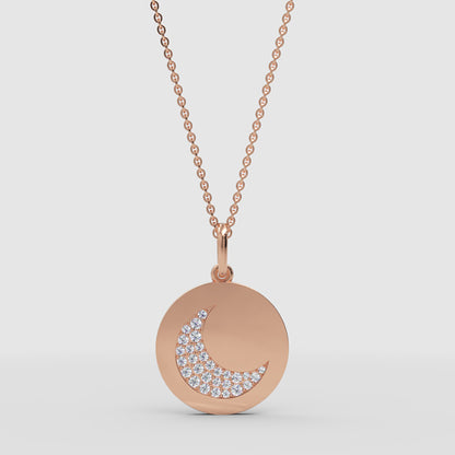Pav Crescent Moon Disc Pendant Necklace - Three