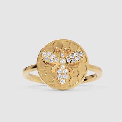 Honeycomb Bee Ring With Pav Diamond Accents - Four
