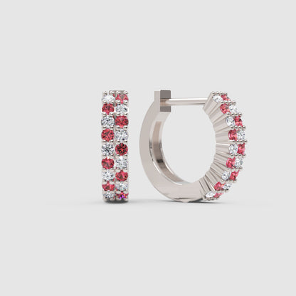 Rose Gold Ruby And Diamond Double Row Hoop Earrings - Four