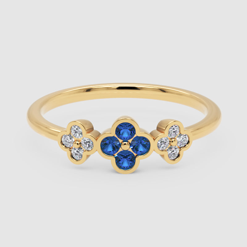 Blue Sapphire And Diamond Triple Flower Cluster Ring - Four