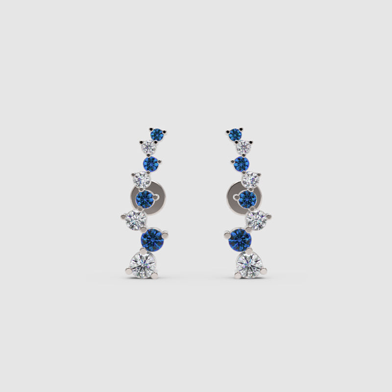 Blue Sapphire And White Diamond Curved Climber Earrings In 14K Yellow Gold - Four
