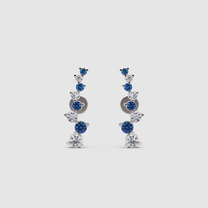Blue Sapphire And White Diamond Curved Climber Earrings In 14K Yellow Gold - Four