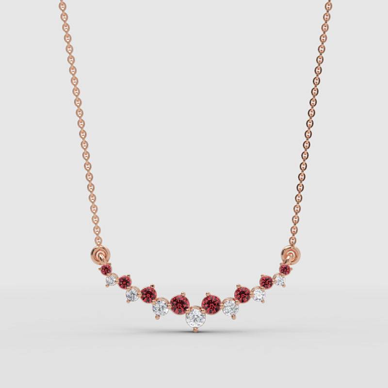 Red Gemstone And Diamond Curved Bar Necklace 14K Gold - Four