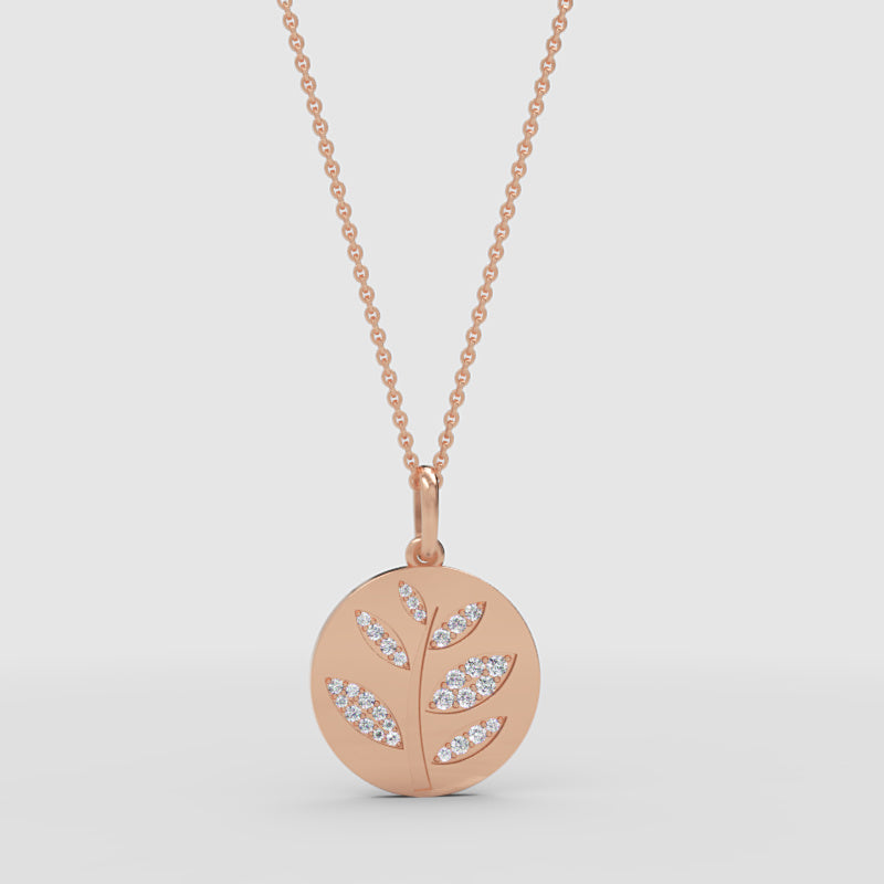 Diamond Leaf Branch Disc Pendant Necklace - Three