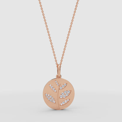 Diamond Leaf Branch Disc Pendant Necklace - Three