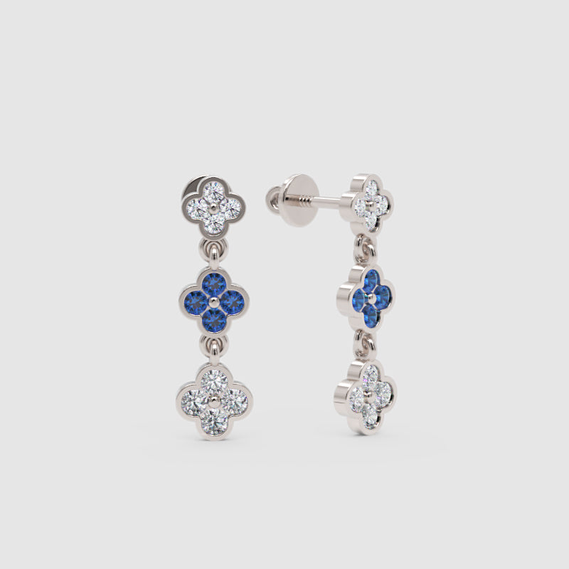 Rose Gold Diamond And Blue Gemstone Clover Drop Earrings - Four