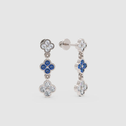 Rose Gold Diamond And Blue Gemstone Clover Drop Earrings - Four