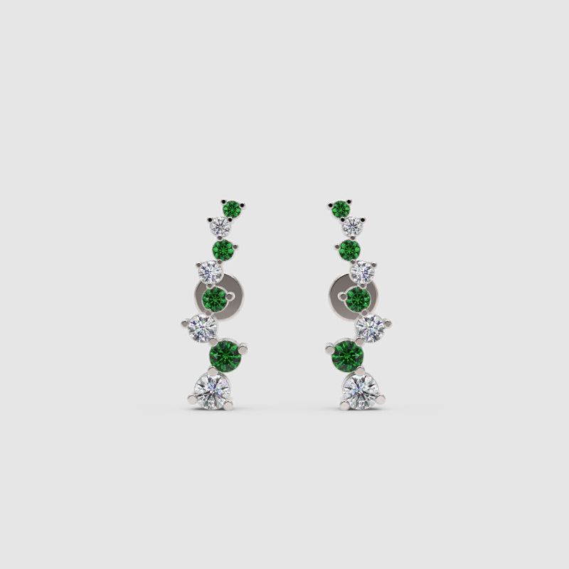 Rose Gold Emerald And Diamond Curved Climber Earrings - Four