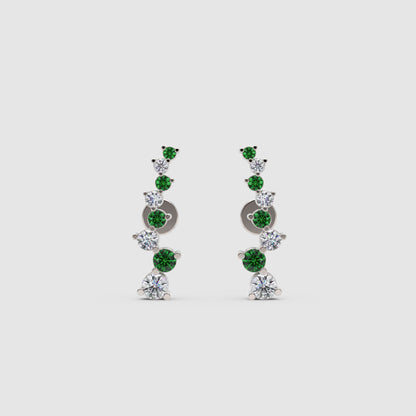 Rose Gold Emerald And Diamond Curved Climber Earrings - Four