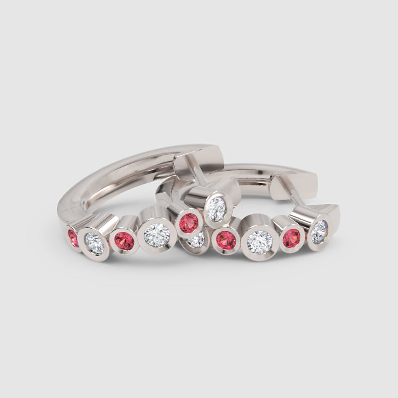 Pink And White Diamond Bezel Set Hoop Earrings In White Gold - Four