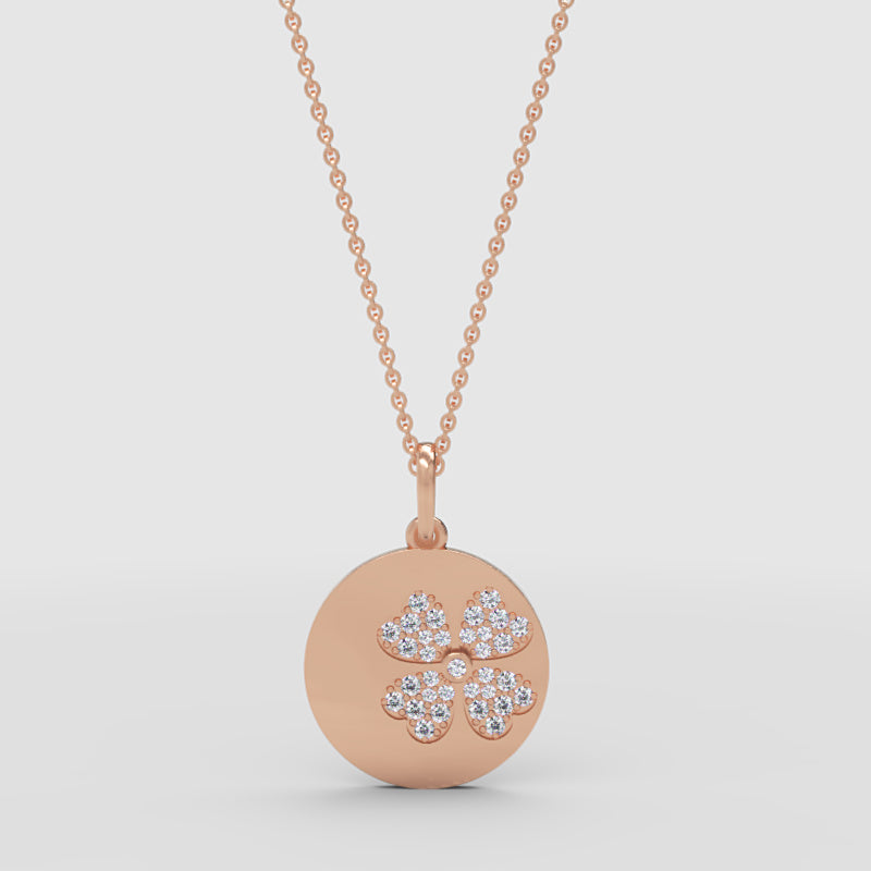 Pav Four Leaf Clover Disc Pendant Necklace - Four