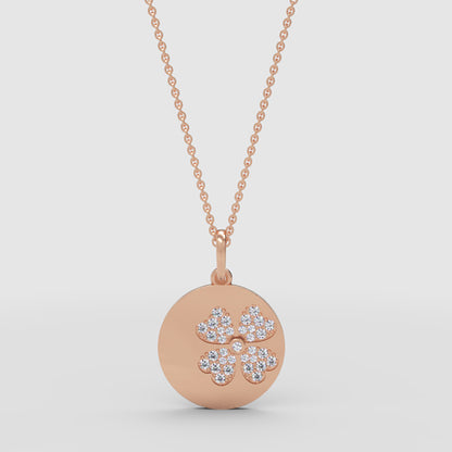 Pav Four Leaf Clover Disc Pendant Necklace - Four