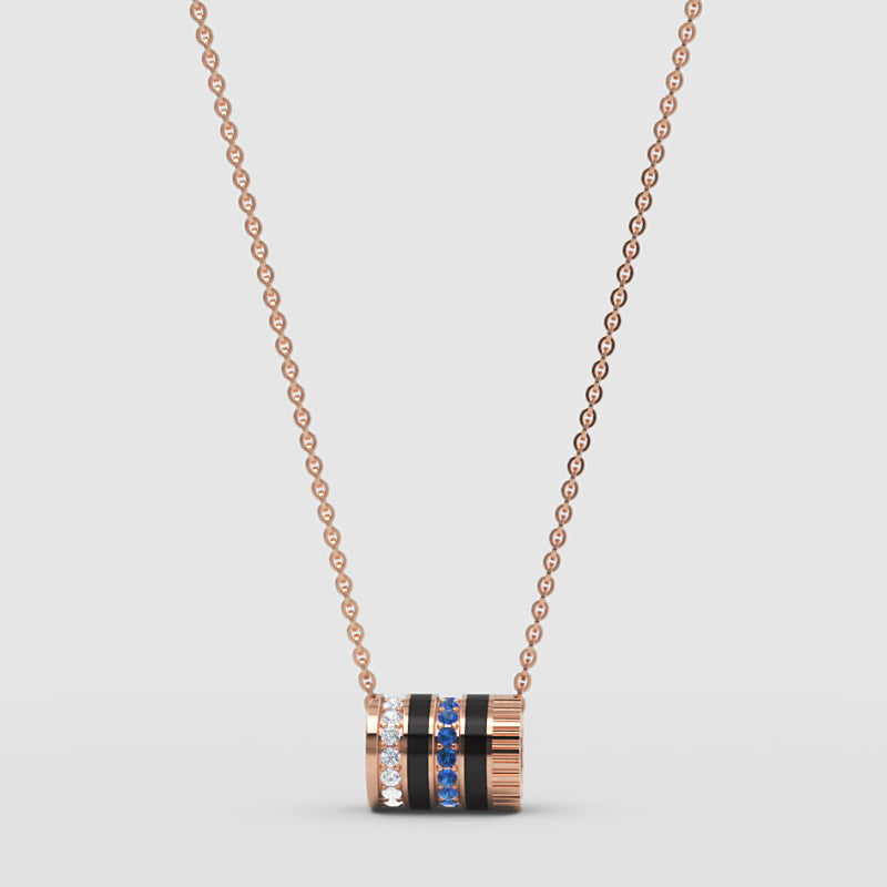 White Gold Multi-Band Barrel Pendant Necklace With Diamond, Blue Sapphire & Enamel | Jebij - Four