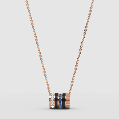 White Gold Multi-Band Barrel Pendant Necklace With Diamond, Blue Sapphire & Enamel | Jebij - Four