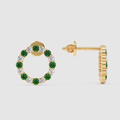 Rose Gold Emerald And Diamond Circle Stud Earrings - Six