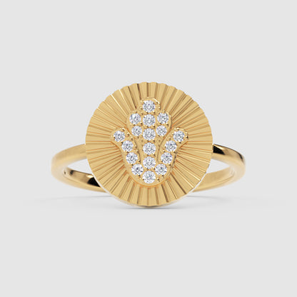 Diamond Hamsa Hand Sunburst Disc Ring - Four