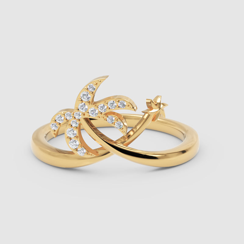 Diamond Star & Crescent Moon Ring In White Gold - Four