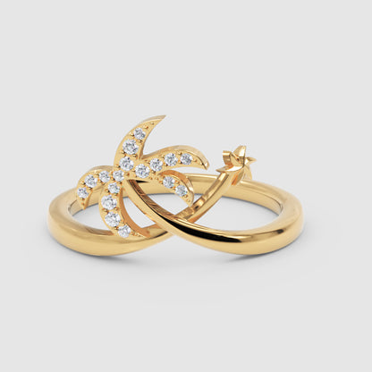 Diamond Star & Crescent Moon Ring In White Gold - Four