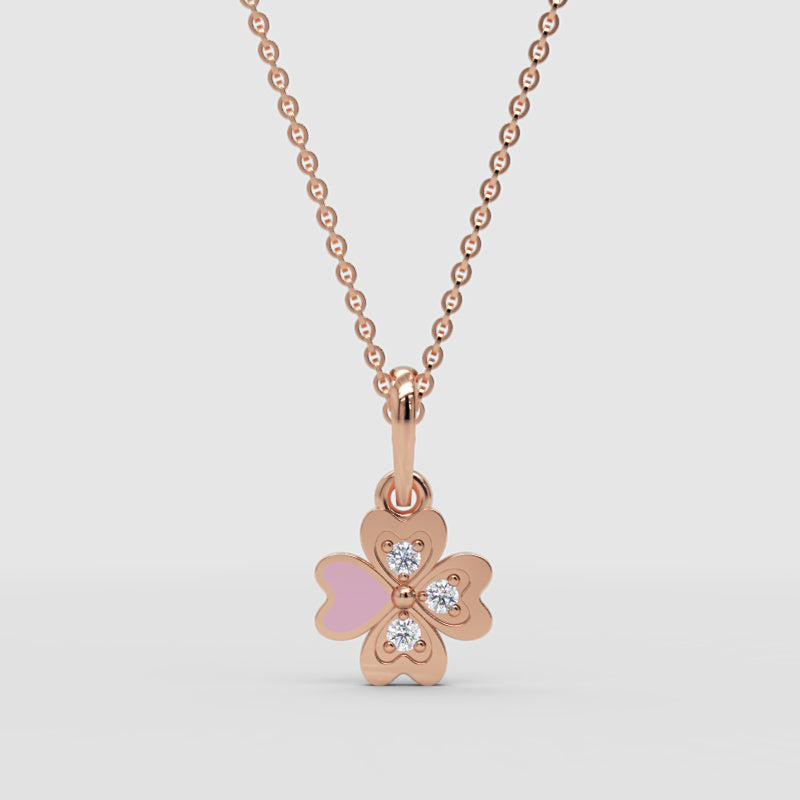 Pink Enamel Four Leaf Clover Pendant Necklace With Crystal Accents - Four