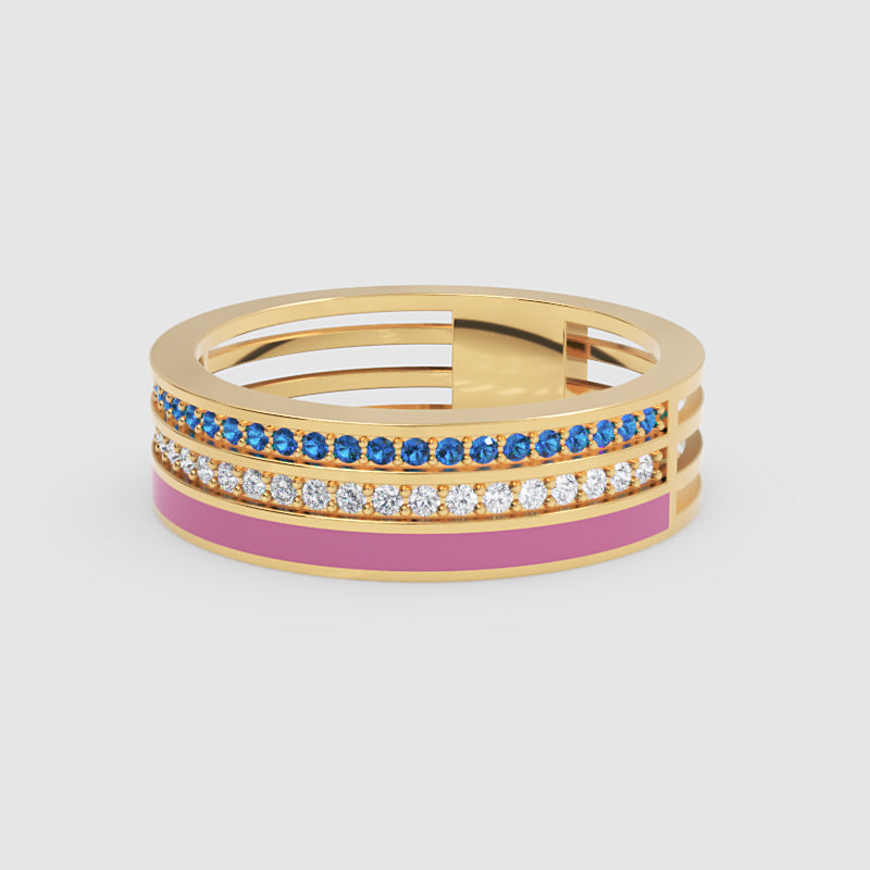 Blue Sapphire And Diamond Stackable Ring Set With Pink Enamel Band - Four