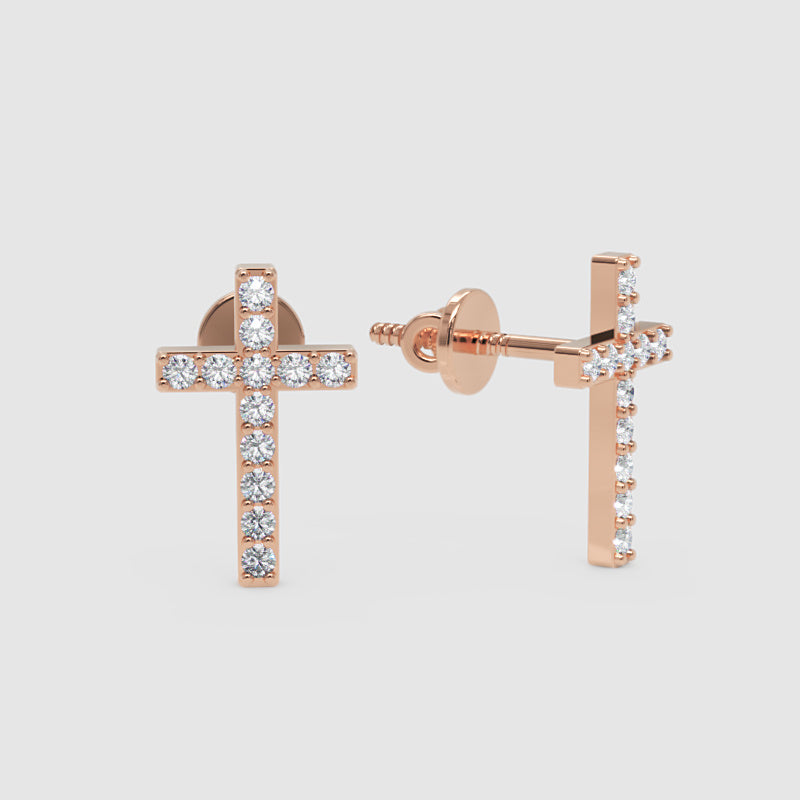 Pav Diamond Cross Stud Earrings With Screw Back - Four