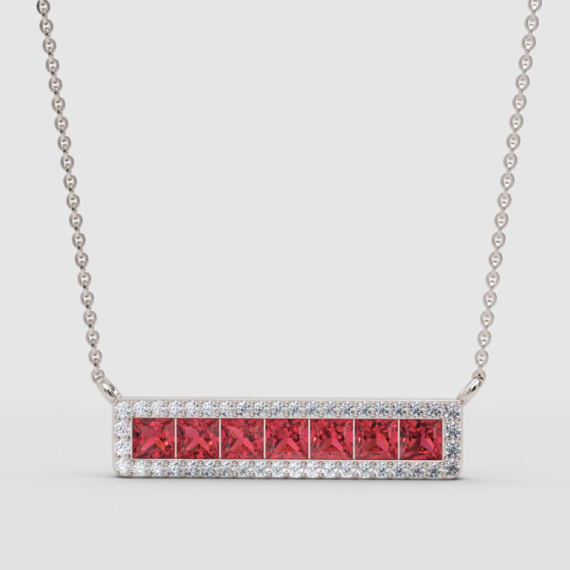 Rose Gold Ruby Princess Cut Diamond Halo Bar Necklace - Four