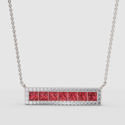 Rose Gold Ruby Princess Cut Diamond Halo Bar Necklace - Four