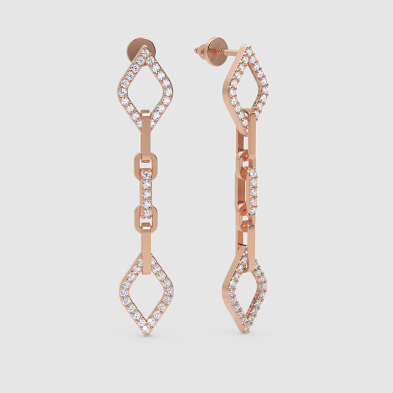 Diamond Chain Link Drop Earrings With Geometric Motif - Four