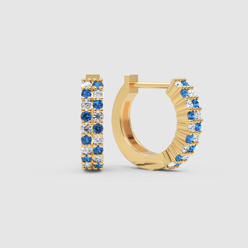 Rose Gold Blue Sapphire & Diamond Hoop Earrings – Double Row Huggie Earrings - Four
