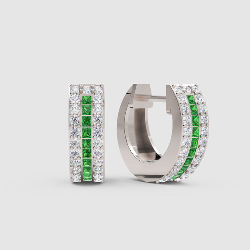 Gemstone And Diamond Three Row Huggie Hoop Earrings In Yellow Gold - Four