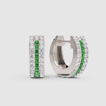 Gemstone And Diamond Three Row Huggie Hoop Earrings In Yellow Gold - Four