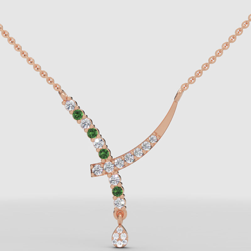 Natural Diamond Curved Bar Necklace With Green Gemstone Drop Pendant - Eleven