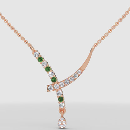Natural Diamond Curved Bar Necklace With Green Gemstone Drop Pendant - Eleven