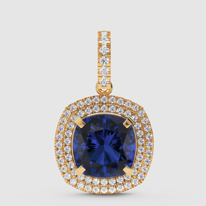 Blue Sapphire Cushion Cut Double Halo Diamond Pendant Necklace In White Gold - Seven