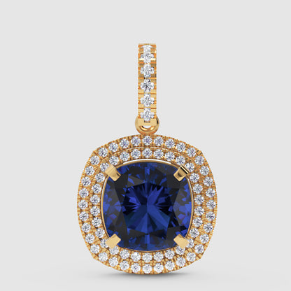Blue Sapphire Cushion Cut Double Halo Diamond Pendant Necklace In White Gold - Seven