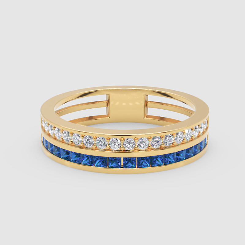 Blue Sapphire and Diamond Channel Set Double Band Ring