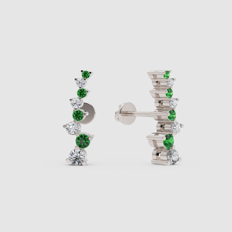 Rose Gold Emerald And Diamond Curved Climber Earrings - Five