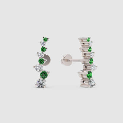Rose Gold Emerald And Diamond Curved Climber Earrings - Five