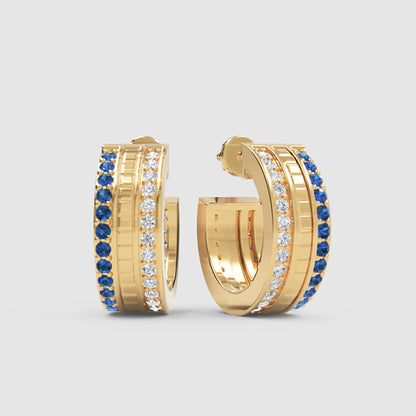 Blue Sapphire & Diamond Dual Row Hoop Earrings In White Gold – Luxury Statement Hoops | Jebij - Four