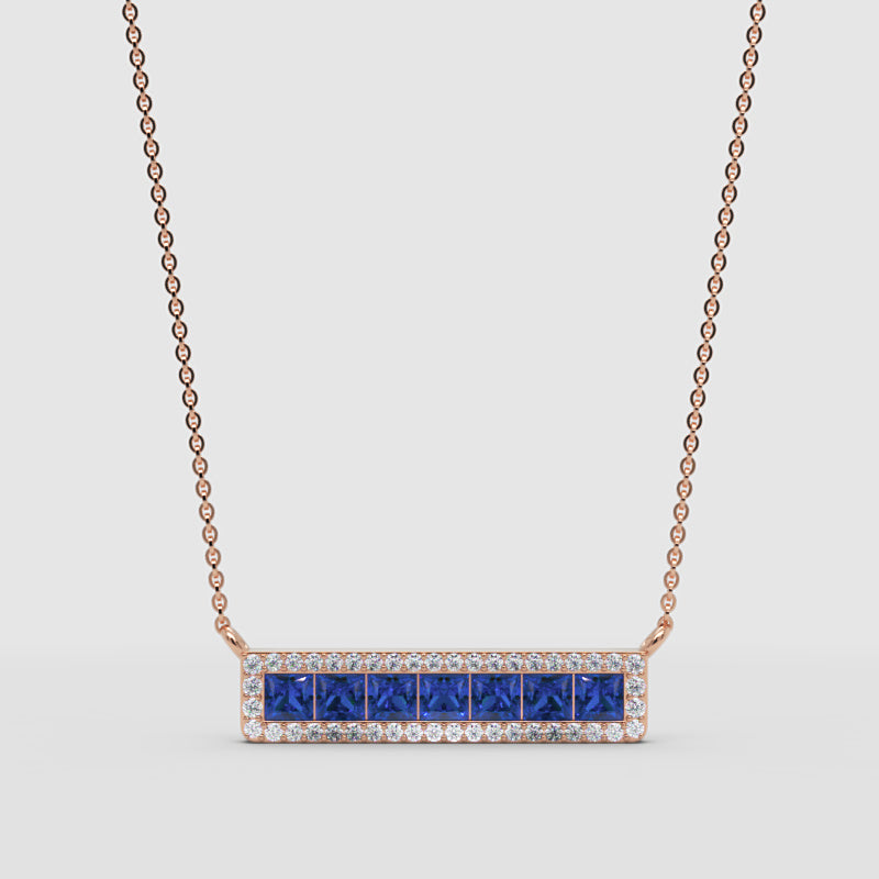 Blue Sapphire And Diamond Bar Necklace In White Gold - Four