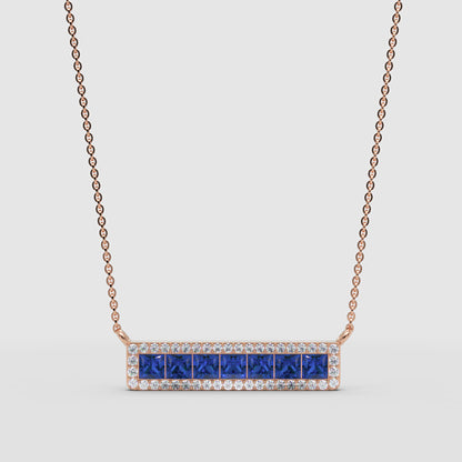 Blue Sapphire And Diamond Bar Necklace In White Gold - Four
