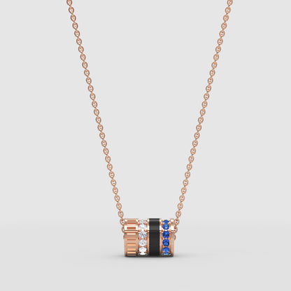 Diamond & Blue Sapphire Barrel Pendant Necklace With Black Enamel In White Gold | Modern Cylindrical Design | Jebij - Four