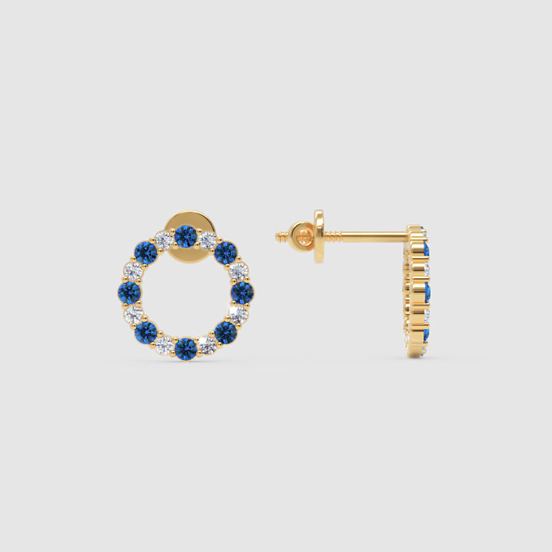 Blue And White Sapphire Circle Stud Earrings In White Gold - Four