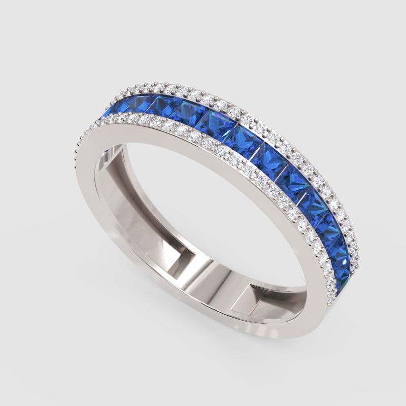 Blue Sapphire And Diamond Channel Set Wedding Band Ring - Four
