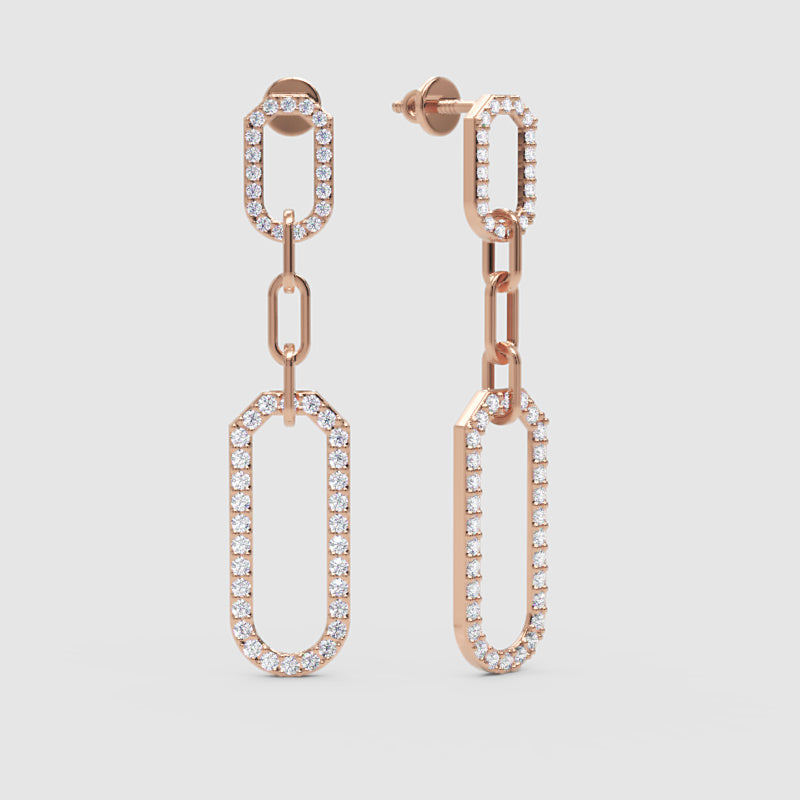 White Diamond Link Drop Earrings Pave Oval Chain Statement Dangle Design - Four