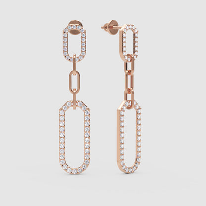 White Diamond Link Drop Earrings Pave Oval Chain Statement Dangle Design - Four