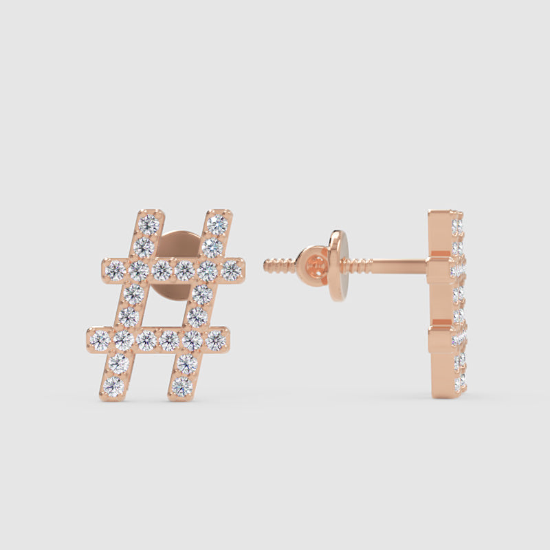 Hashtag Symbol Diamond Stud Earrings With Screw Back - Four