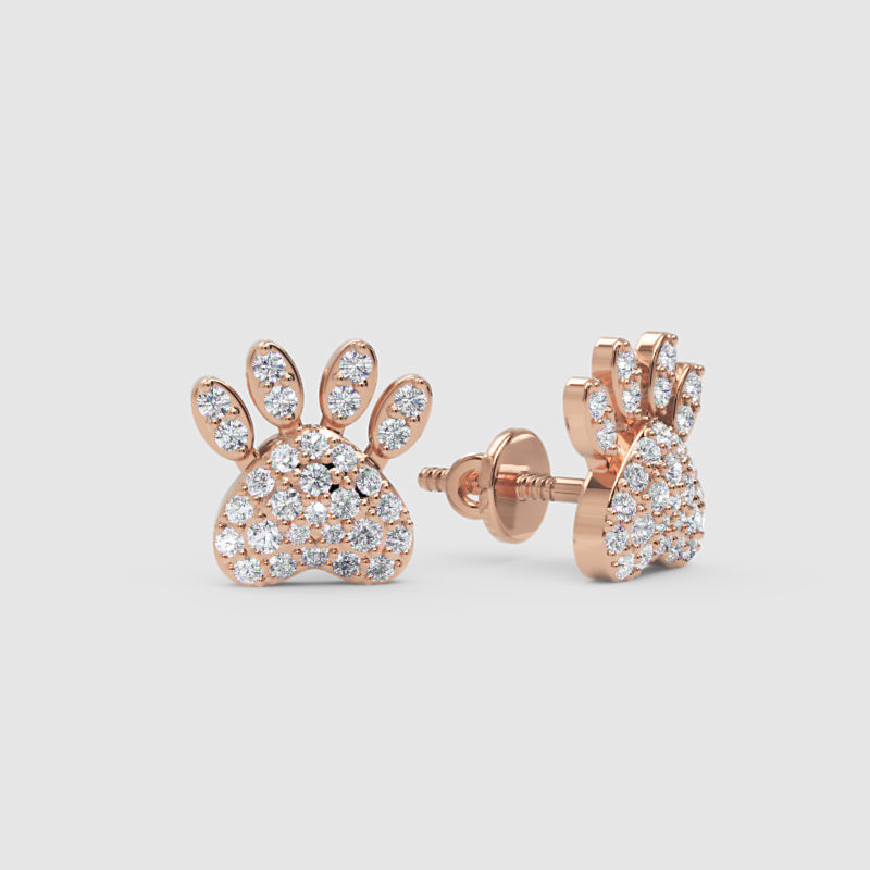 Pav Diamond Paw Print Stud Earrings With Screw Backs - Four