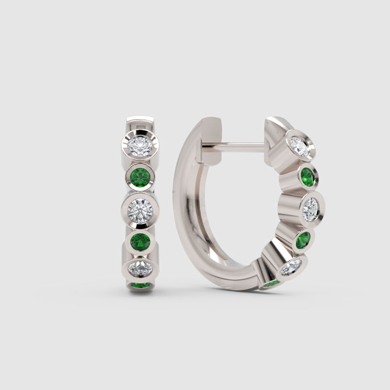 Diamond  And Gemstone Bezel Set Huggie Hoop Earrings In Yellow Gold - Four
